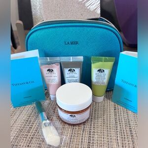NEW La Mer Saffiano Leather Cosmetic  Travel Bag Bundle with Origins Bundle